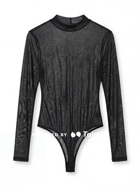 AKIRA Black Sheer Mesh Long Sleeve Mock Neck Top/Bodysuit 2XL